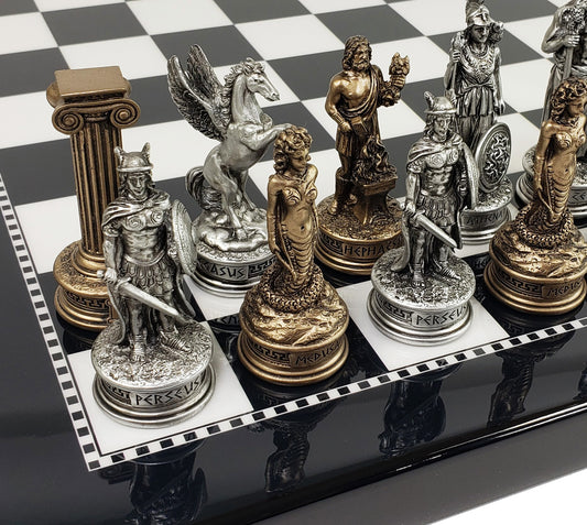 Greek Mythology Olympus Gods Chess Set Pewter Bronze Color 15" Black White Board