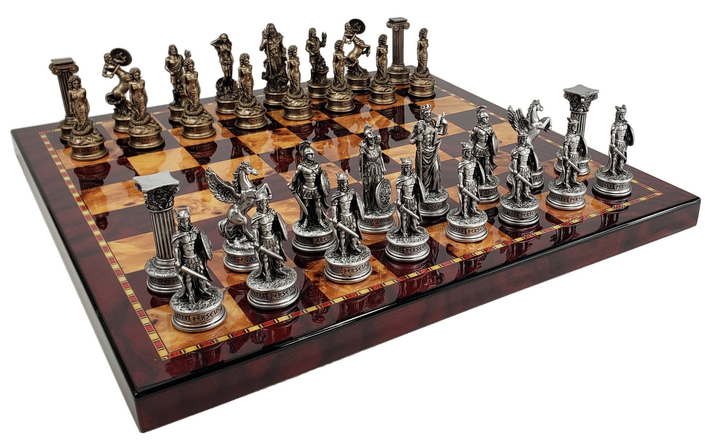 Greek Mythology Olympus Gods Chess Set Pewter Bronze Color W/ 18 Cherry Color Bd