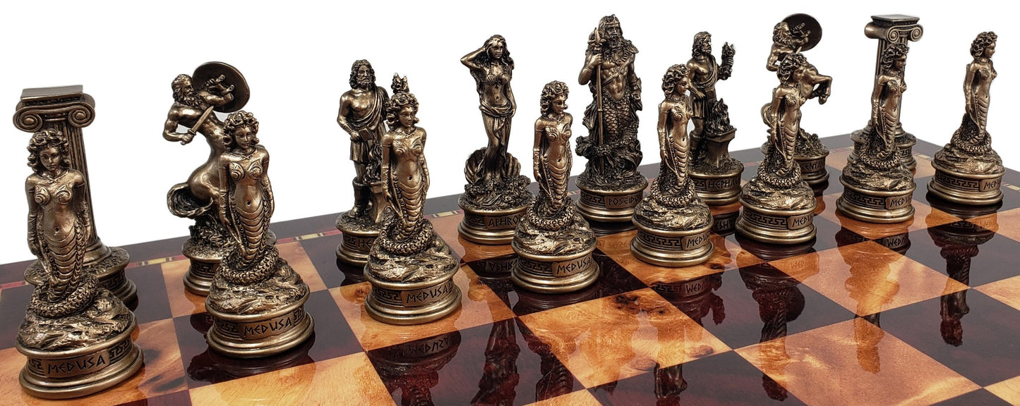 Greek Mythology Olympus Gods Chess Set Pewter Bronze Color Cherry Color Storage