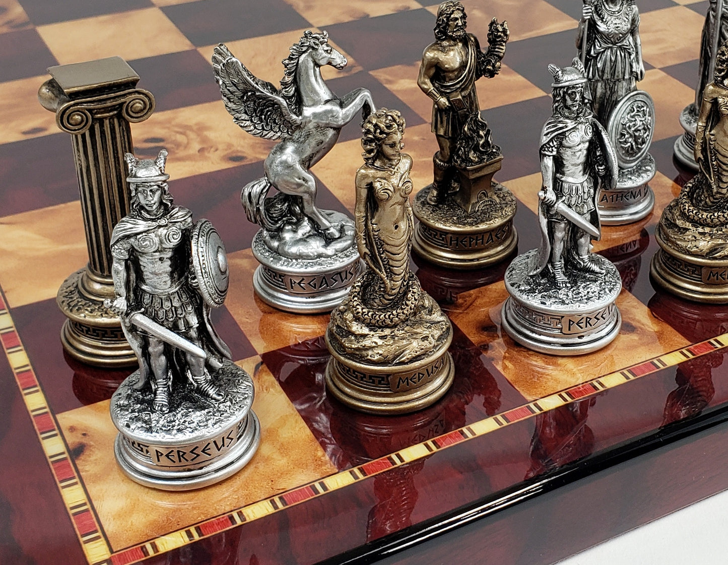 Greek Mythology Olympus Gods Chess Set Pewter Bronze Color W/ 18 Cherry Color Bd