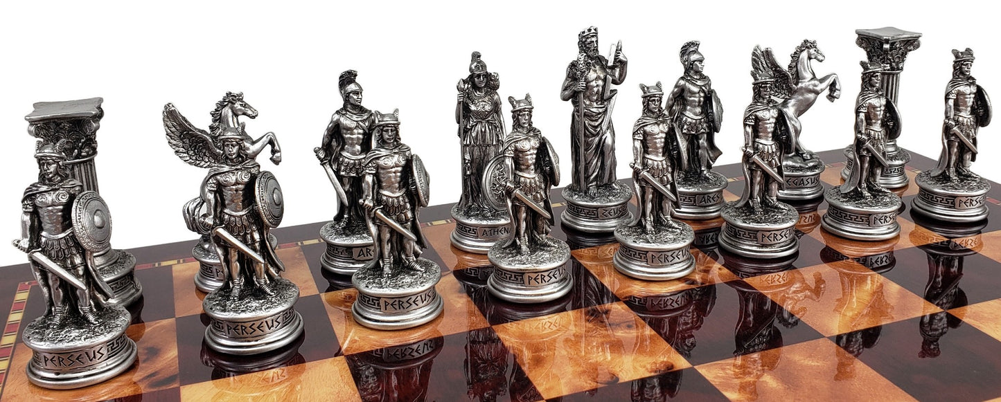 Greek Mythology Olympus Gods Chess Set Pewter Bronze Color W/ 18 Cherry Color Bd