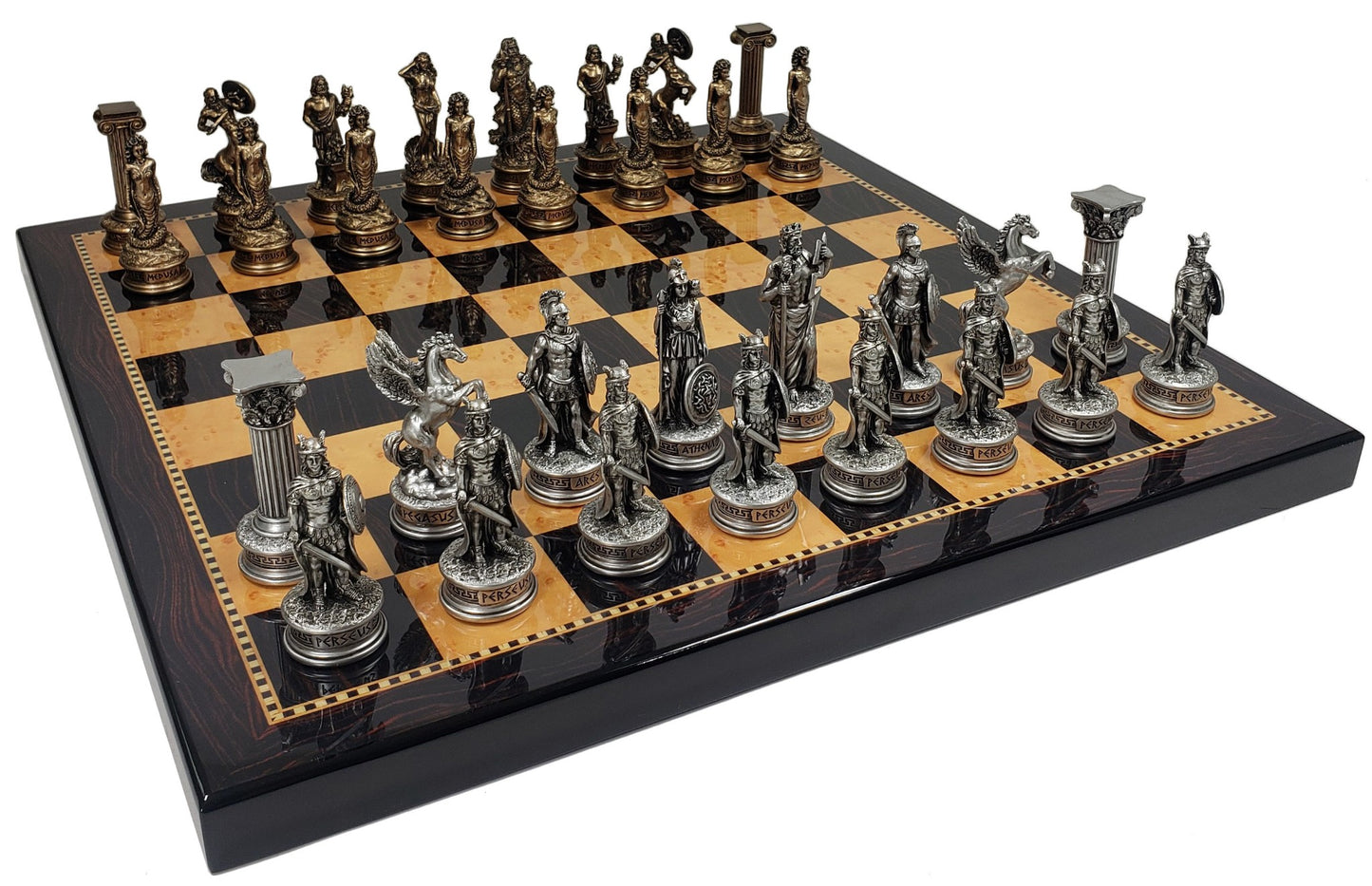 Greek Mythology Olympus Gods Chess Set Pewter Bronze Finish 18" Walnut Color Bd