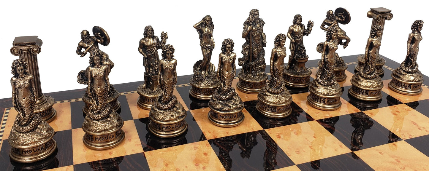 Greek Mythology Olympus Gods Chess Set Pewter Bronze Finish 18" Walnut Color Bd