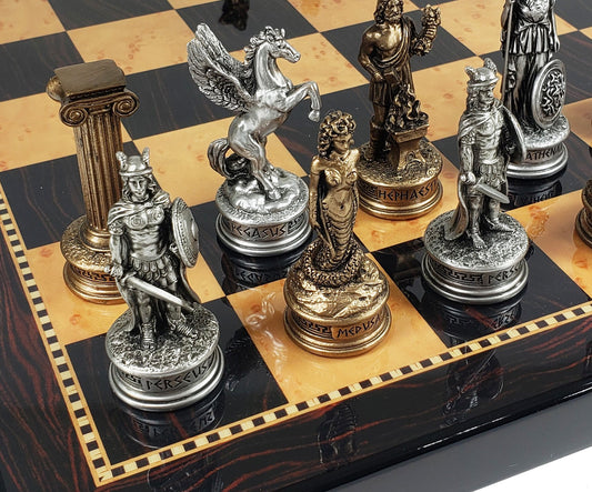 Greek Mythology Olympus Gods Chess Set Pewter Bronze Finish 18" Walnut Color Bd