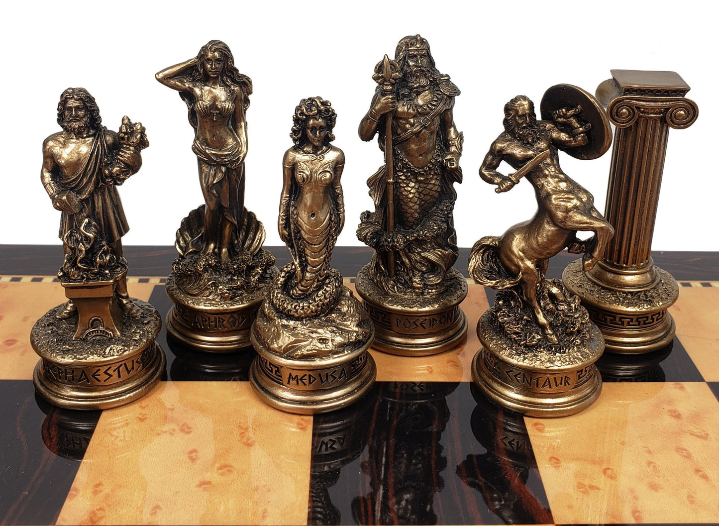 Greek Mythology Olympus Gods Chess Set Pewter Bronze Finish 18" Walnut Color Bd