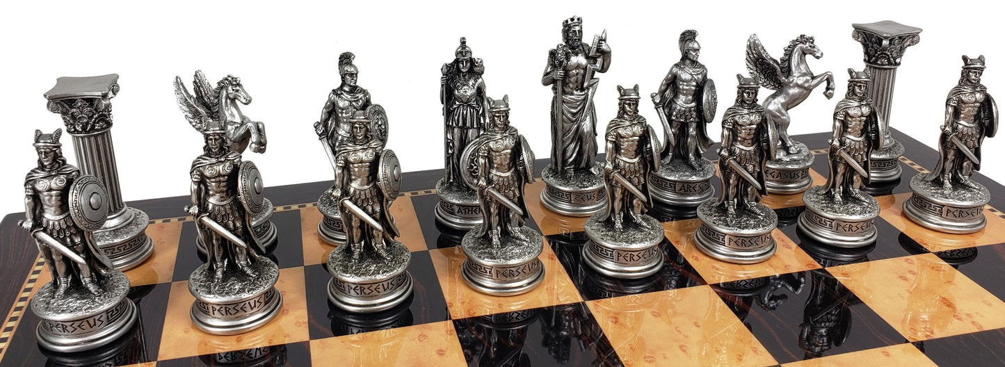 Greek Mythology Olympus Gods Chess Set Pewter Bronze Finish 18" Walnut Color Bd