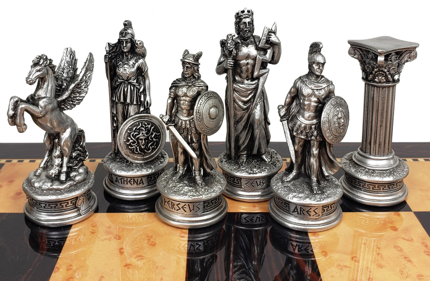 Greek Mythology Olympus Gods Chess Set Pewter Bronze Finish 18" Walnut Color Bd