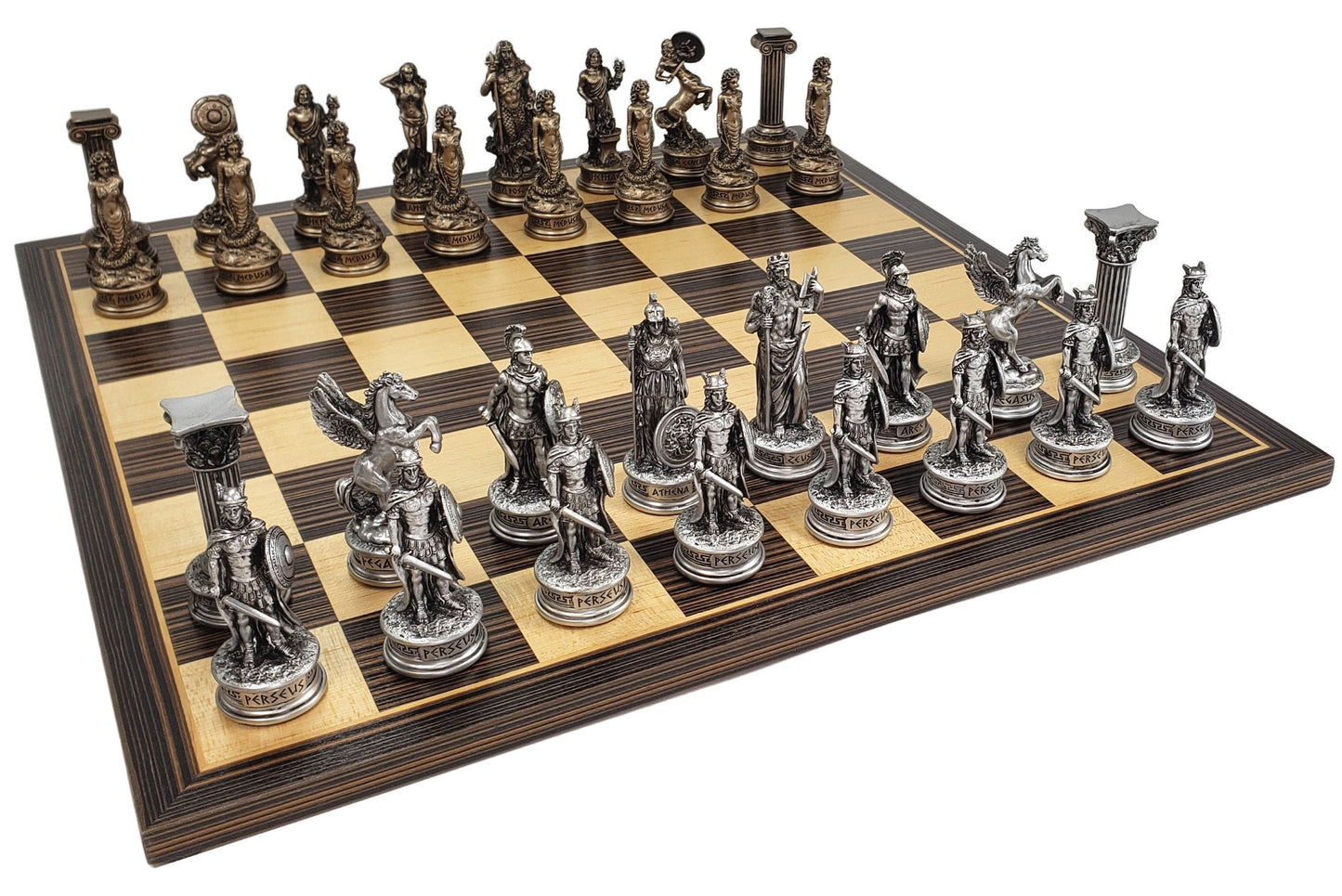 Greek Mythology Olympus Gods Chess Set Pewter Bronze Color W/ 17" Ebony Board