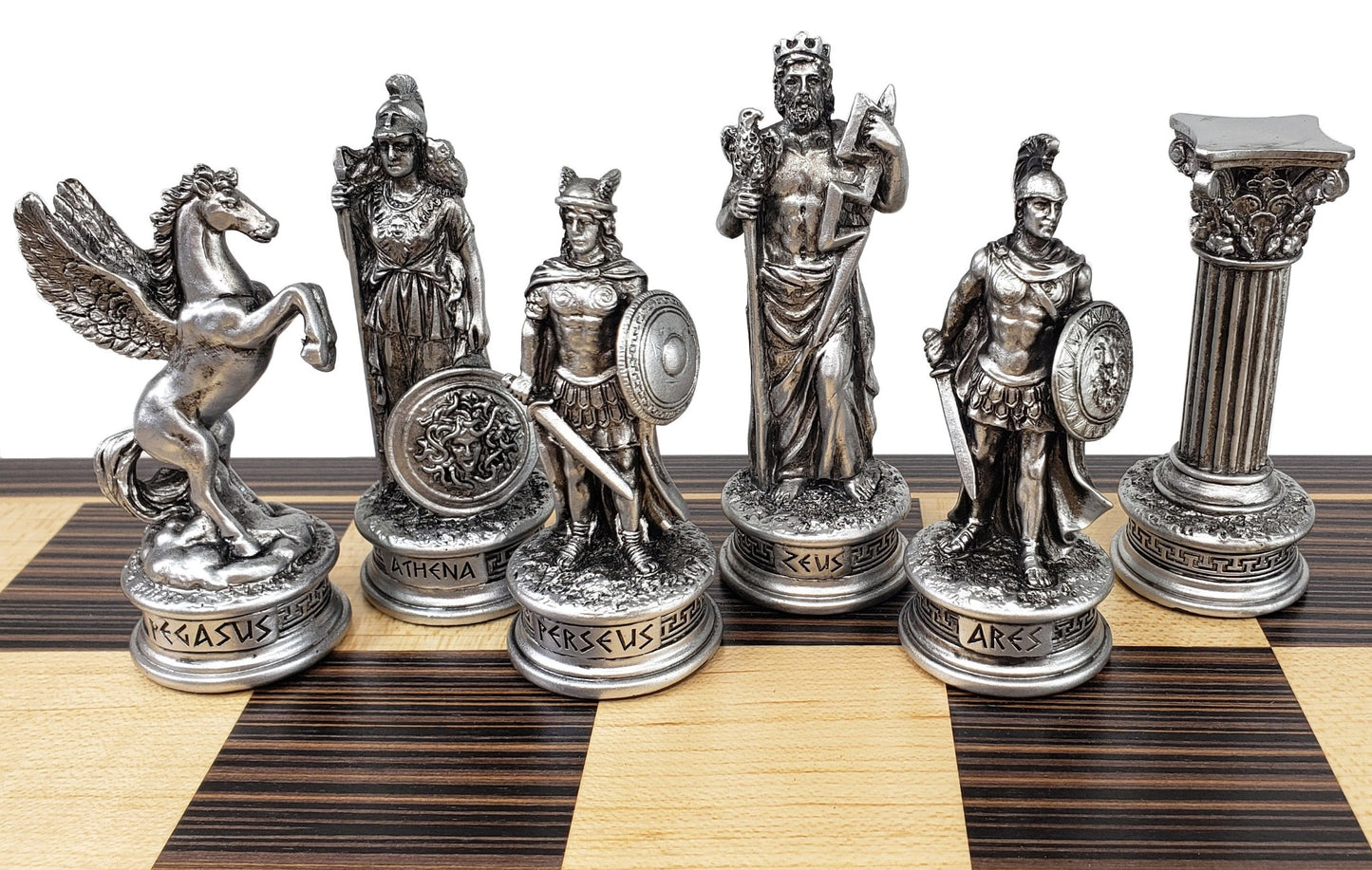 Greek Mythology Olympus Gods Chess Set Pewter Bronze Color W/ 17" Ebony Board