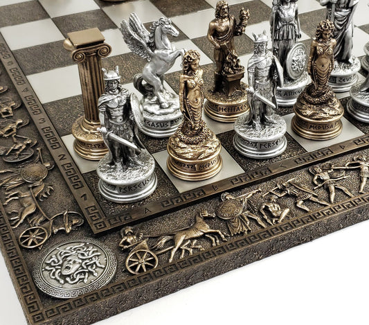 Greek Mythology Olympus Gods Chess Set Pewter & Bronze Color W 17" Greek Board