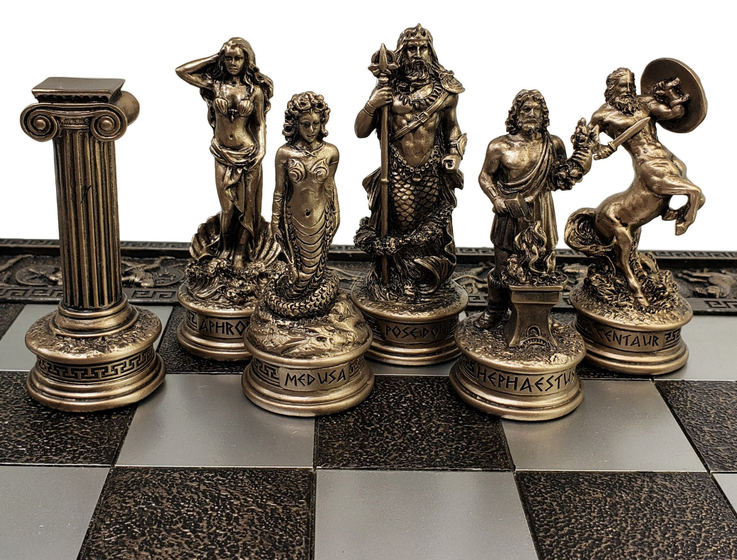 Greek Mythology Olympus Gods Chess Set Pewter & Bronze Color W 17" Greek Board