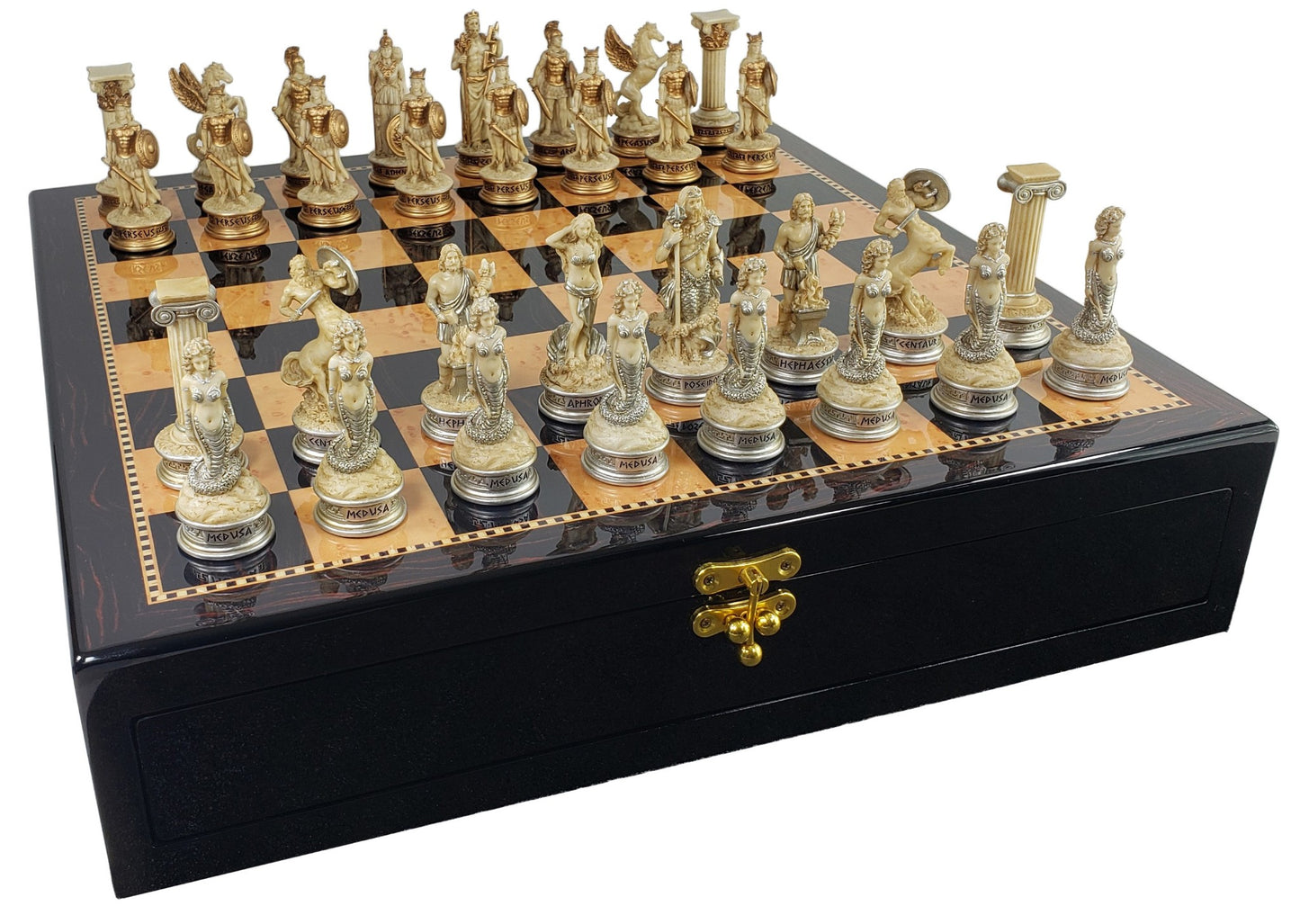 Greek Mythology Olympus Gods Chess Set Antique White & Gold Walnut Color Storage