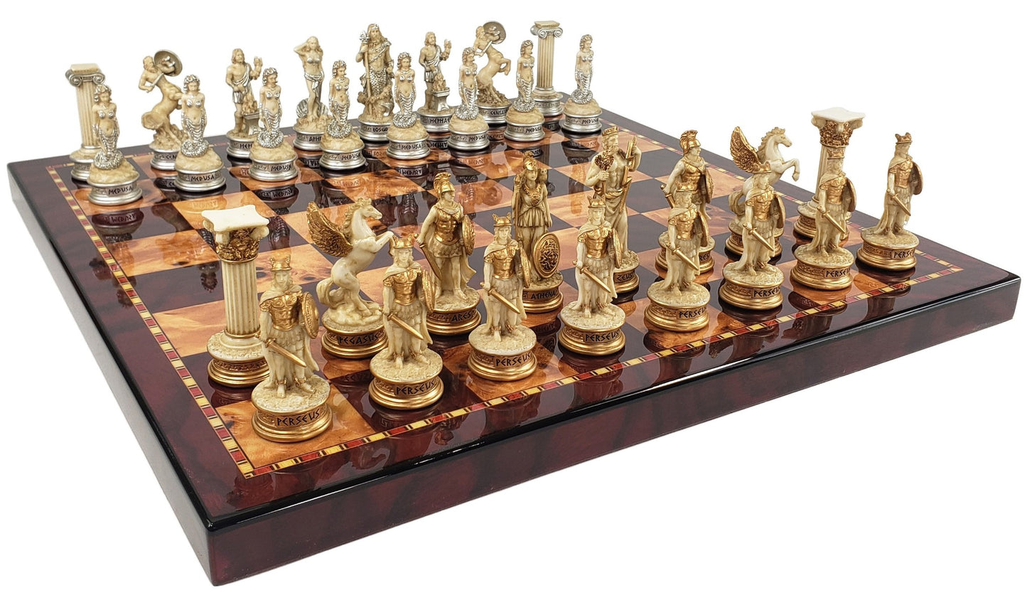 Greek Mythology Olympus Gods Chess Set Antique White W/ 18" Cherry Color Board