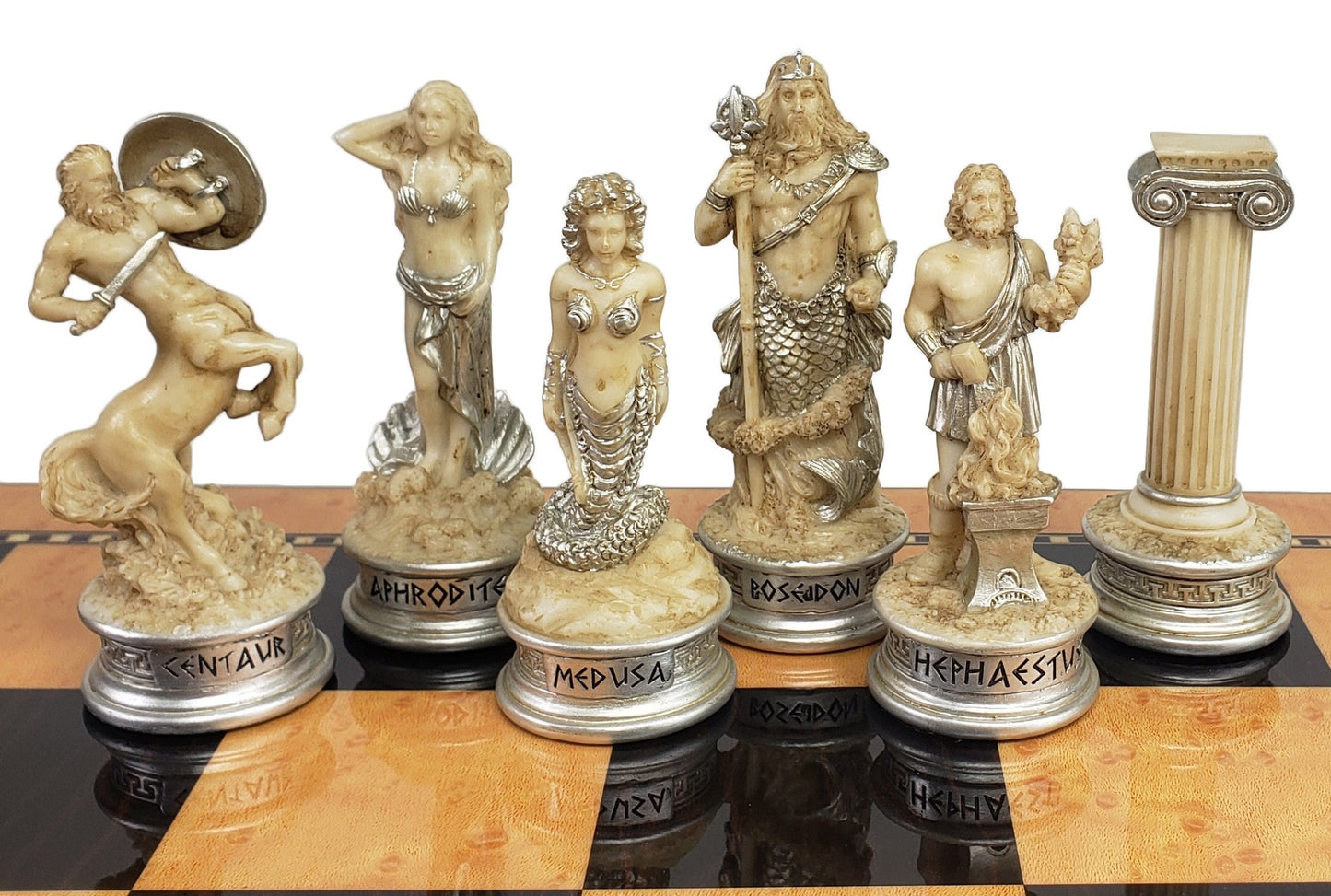 Greek Mythology Olympus Gods Chess Men Set Zeus Poseidon Antique White -NO BOARD