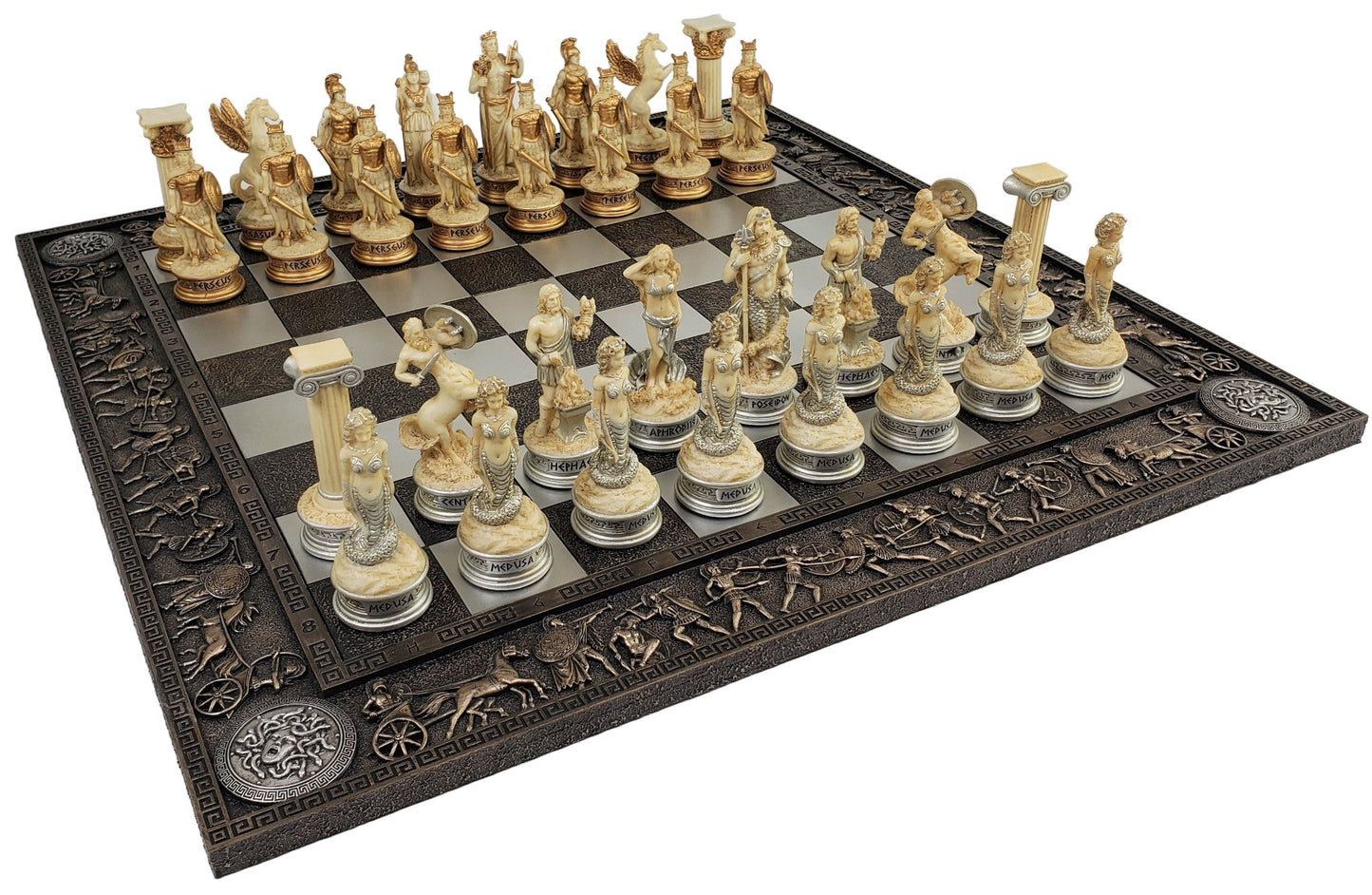 Greek Mythology Olympus Gods Chess Set Antique White & Gold W 17" Greek Board