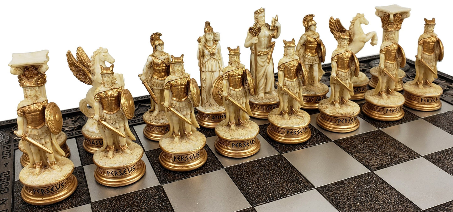 Greek Mythology Olympus Gods Chess Set Antique White & Gold W 17" Greek Board