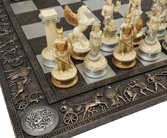 Greek Mythology Olympus Gods Chess Set Antique White & Gold W 17" Greek Board