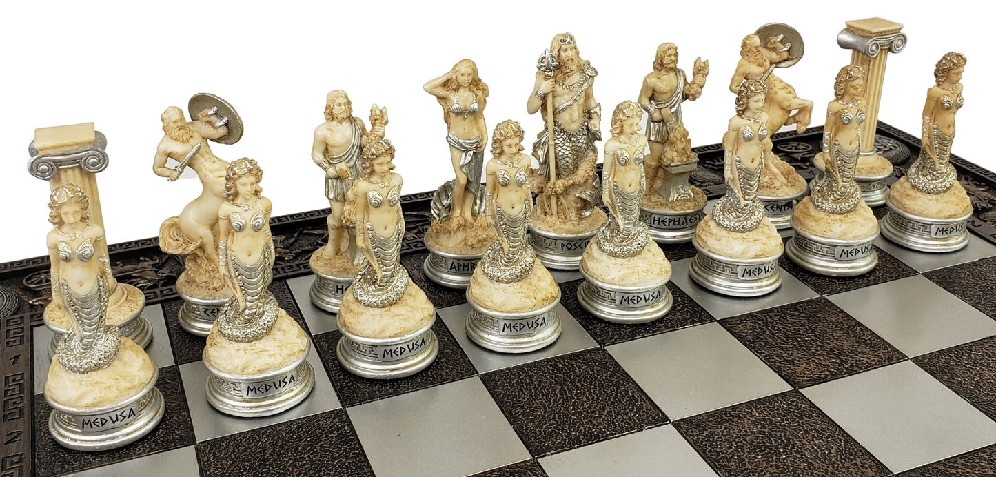 Greek Mythology Olympus Gods Chess Set Antique White & Gold W 17" Greek Board