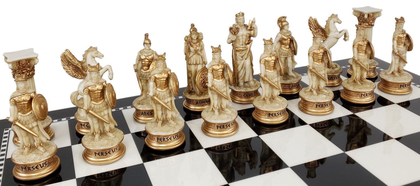Greek Mythology Olympus Gods Chess Set Antique White 17" Black White Storage Bd