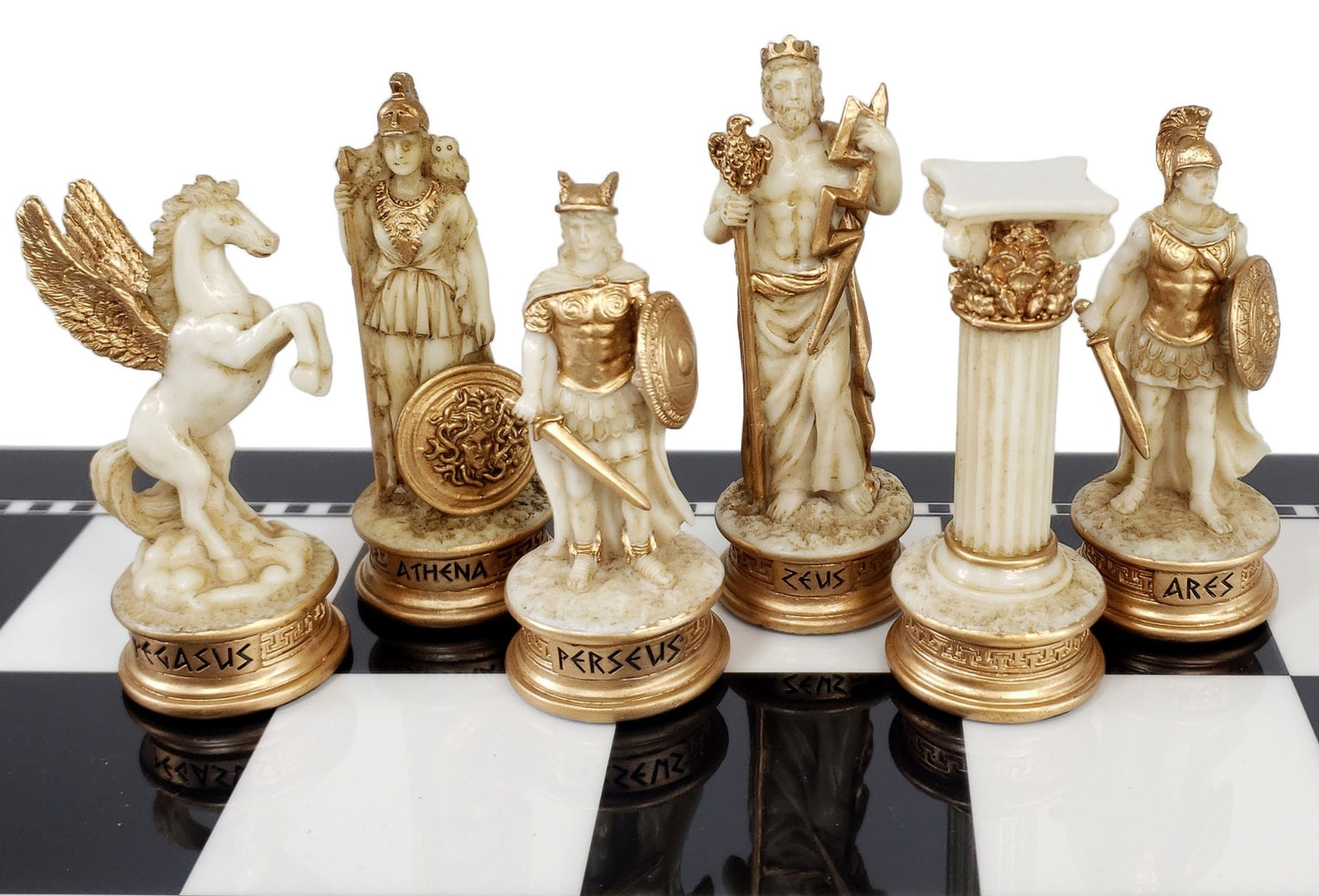 Greek Mythology Olympus Gods Chess Set Antique White 17" Black White Storage Bd