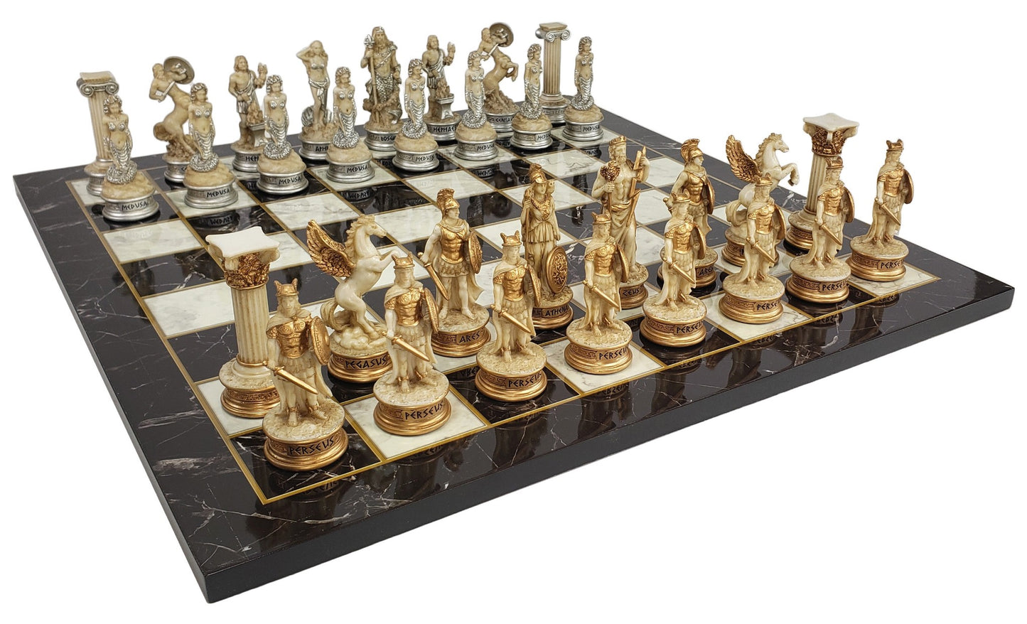 Greek Mythology Olympus Gods Chess Set Antique White 17" Black Faux Marble Board