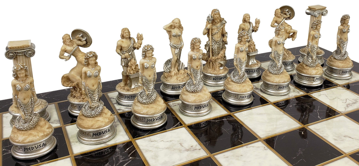 Greek Mythology Olympus Gods Chess Set Antique White 17" Black Faux Marble Board