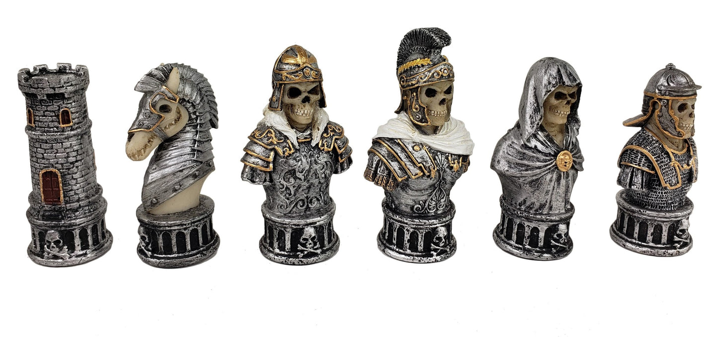 Medieval Times Gothic Skull Busts Chess Set 14.5" Dusky Black Faux Leather Board