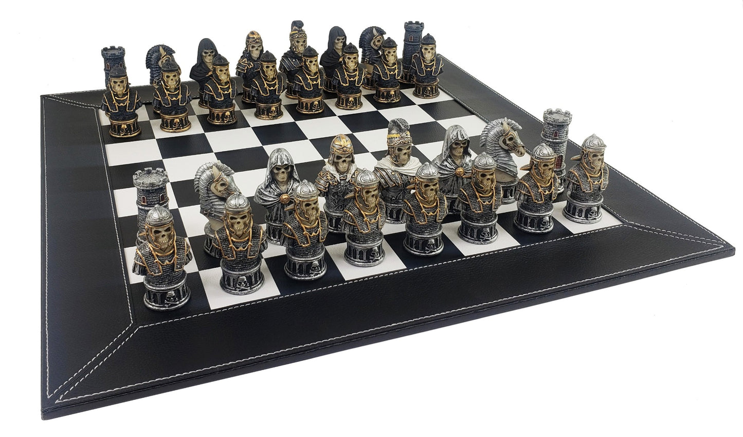 Medieval Times Gothic Skull Busts Chess Set 18" Black & White Faux Leather Board