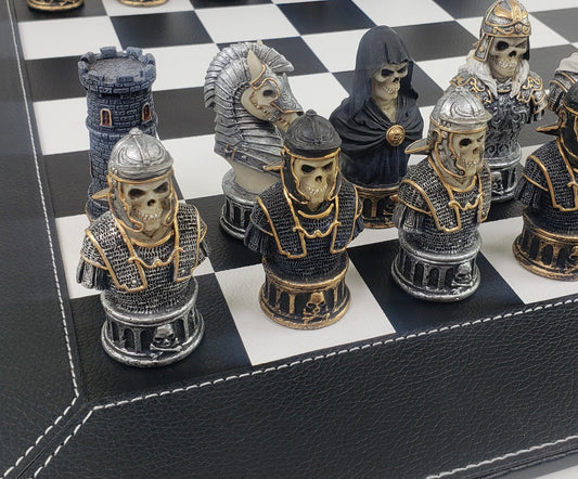 Medieval Times Gothic Skull Busts Chess Set 18" Black & White Faux Leather Board