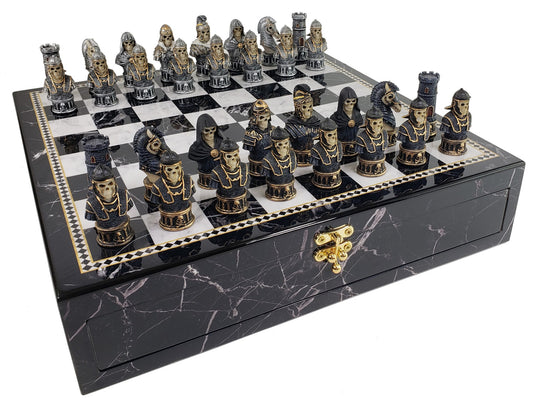 Medieval Times Skull Busts Skeleton Chess Set 17 Black Faux Marble Storage Board