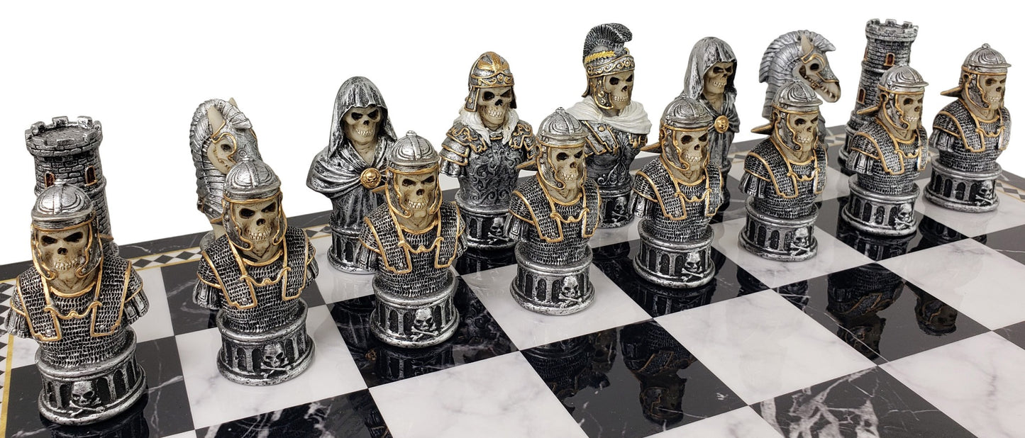 Medieval Times Skull Busts Skeleton Chess Set 17 Black Faux Marble Storage Board