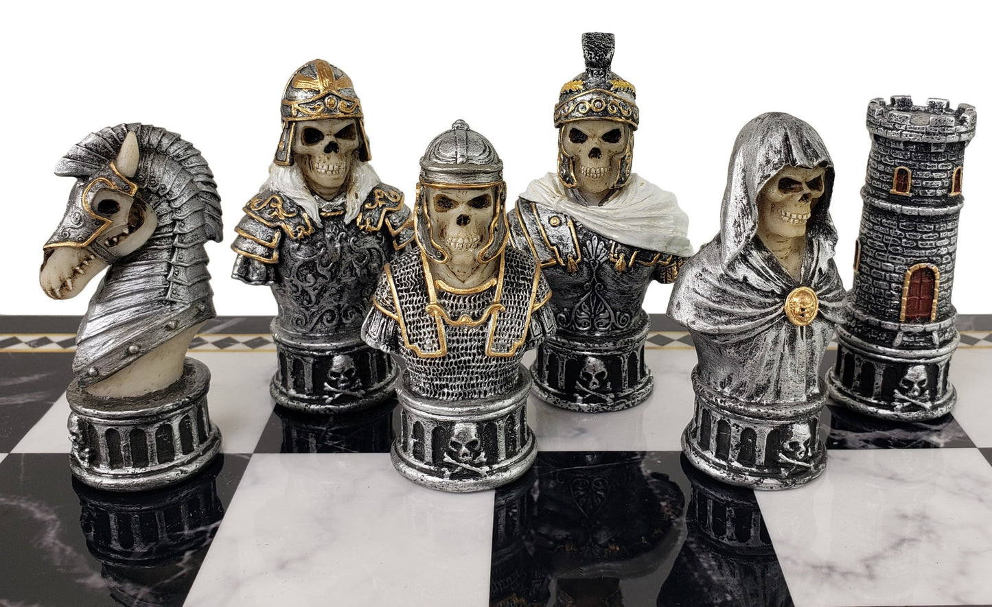 Medieval Times Skull Busts Skeleton Chess Set 17 Black Faux Marble Storage Board