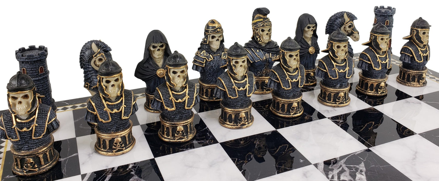 Medieval Times Skull Busts Skeleton Chess Set 17 Black Faux Marble Storage Board