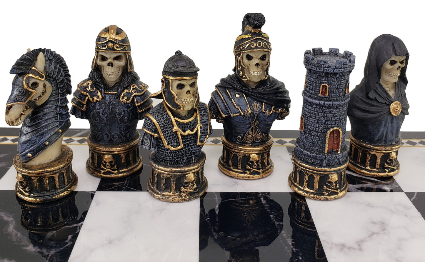 Medieval Times Skull Busts Skeleton Chess Set 17 Black Faux Marble Storage Board