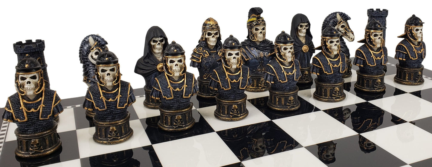 Medieval Times Skull Busts Skeleton Chess Set W/ 17" Black & White Storage Board