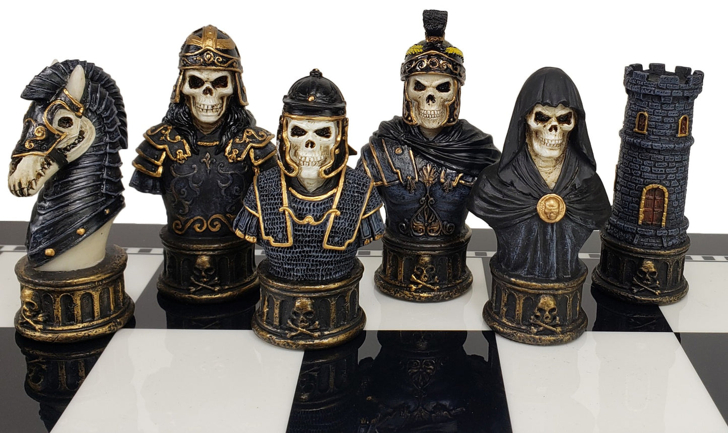 Medieval Times Skull Busts Skeleton Chess Set W/ 17" Black & White Storage Board