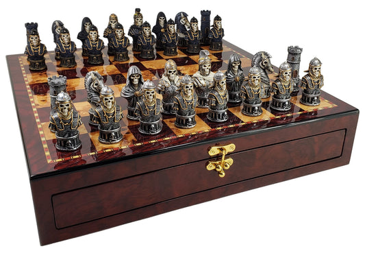 Medieval Times Skull Busts Skeleton Chess Set W/ 17" Cherry Color Storage Board