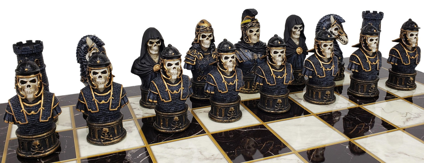 Medieval Times Skull Busts Gothic Fantasy Chess Set Black White Faux Marble Brd