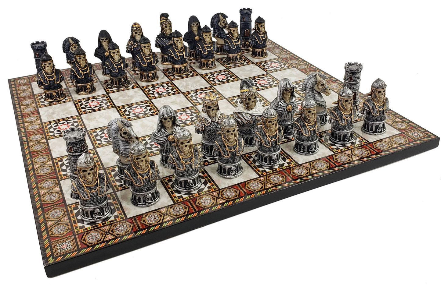 Medieval Times Gothic Skeleton Busts Chess Set W 17" Mosaic Color Board