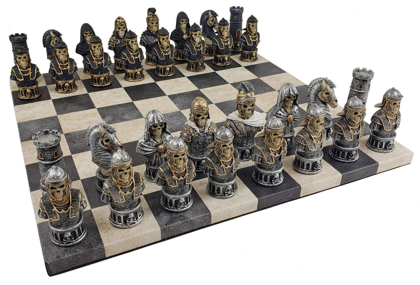 Medieval Times Gothic Skull Busts Chess Set 14.5" Dusky Black Faux Leather Board