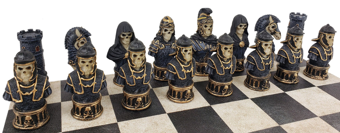 Medieval Times Gothic Skull Busts Chess Set 14.5" Dusky Black Faux Leather Board