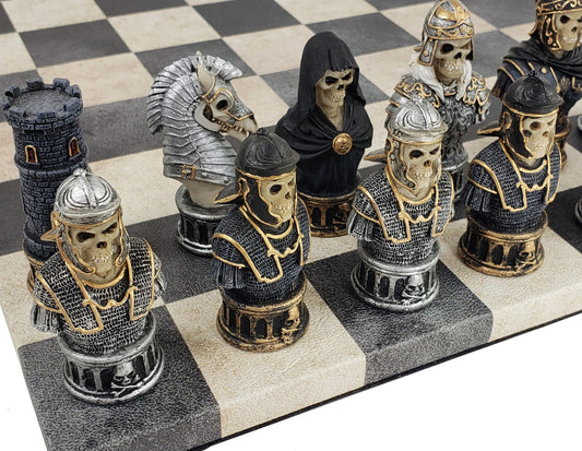 Medieval Times Gothic Skull Busts Chess Set 14.5" Dusky Black Faux Leather Board