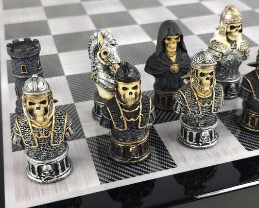 Medieval Times Skull Busts Gothic Chess Set W 18" Black Carbon Fiber Color Board