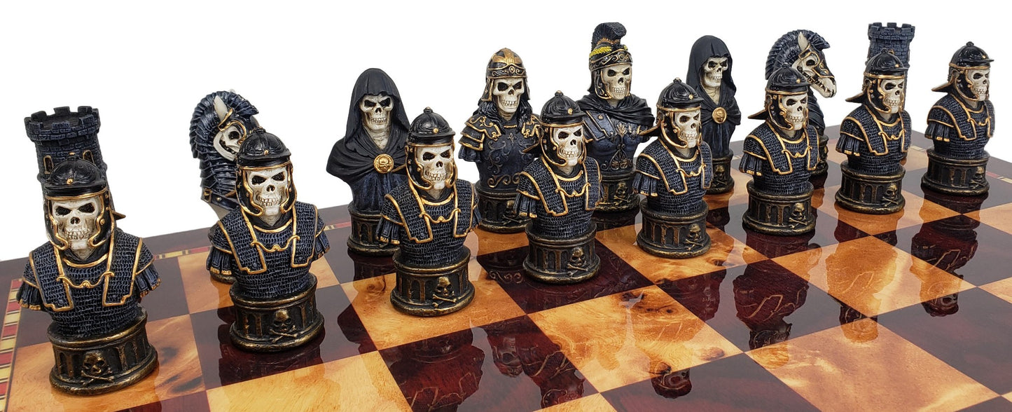 Medieval Times Skull Busts Skeleton Chess Set W/ 17" Cherry Color Storage Board