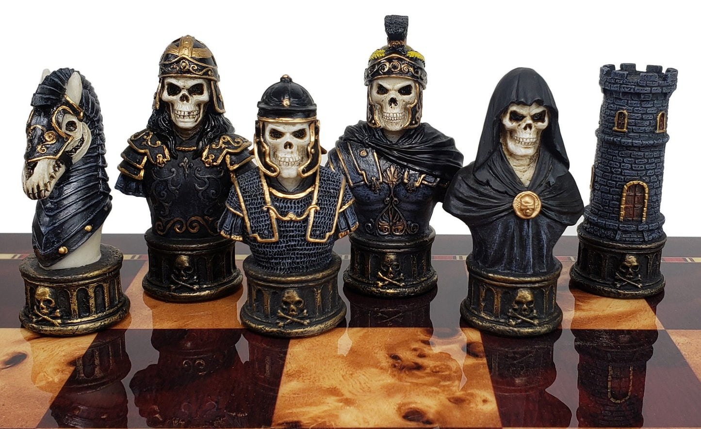 Medieval Times Skull Busts Skeleton Chess Set W/ 17" Cherry Color Storage Board