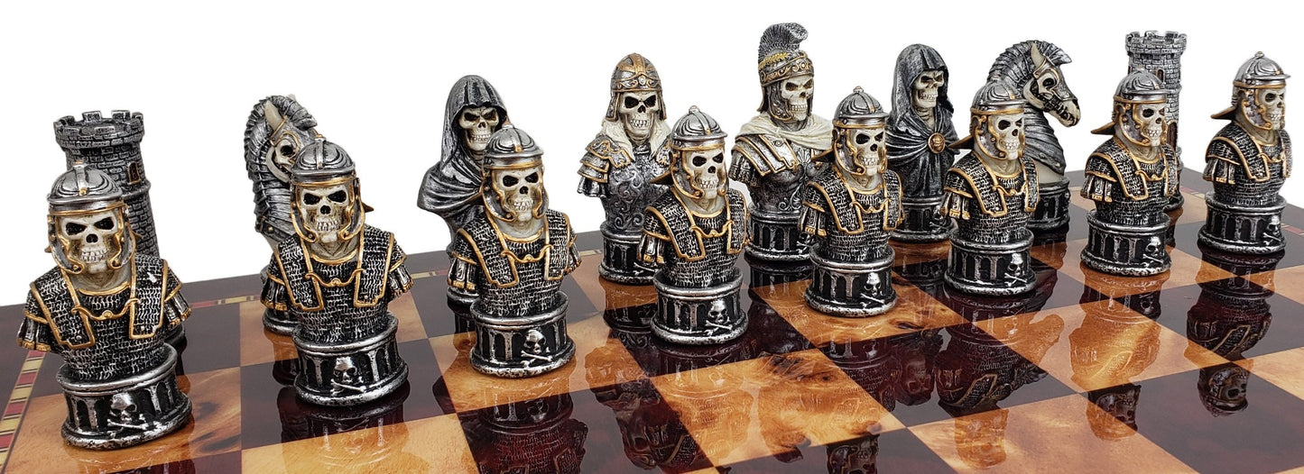 Medieval Times Skull Busts Skeleton Chess Set W/ 17" Cherry Color Storage Board