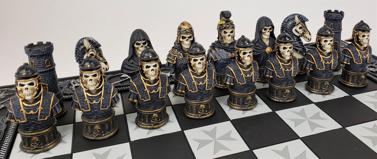 Medieval Times Skull Busts Gothic Fantasy Knights Chess Set 17" Maltese Board