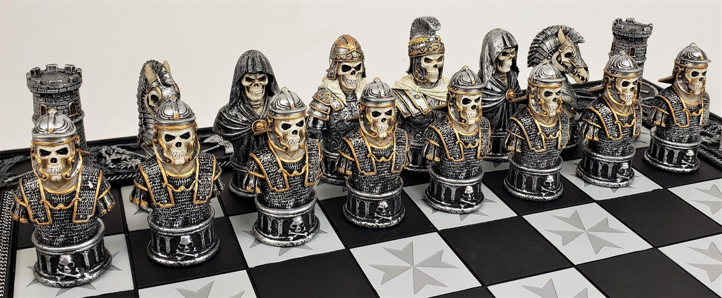 Medieval Times Skull Busts Gothic Fantasy Knights Chess Set 17" Maltese Board