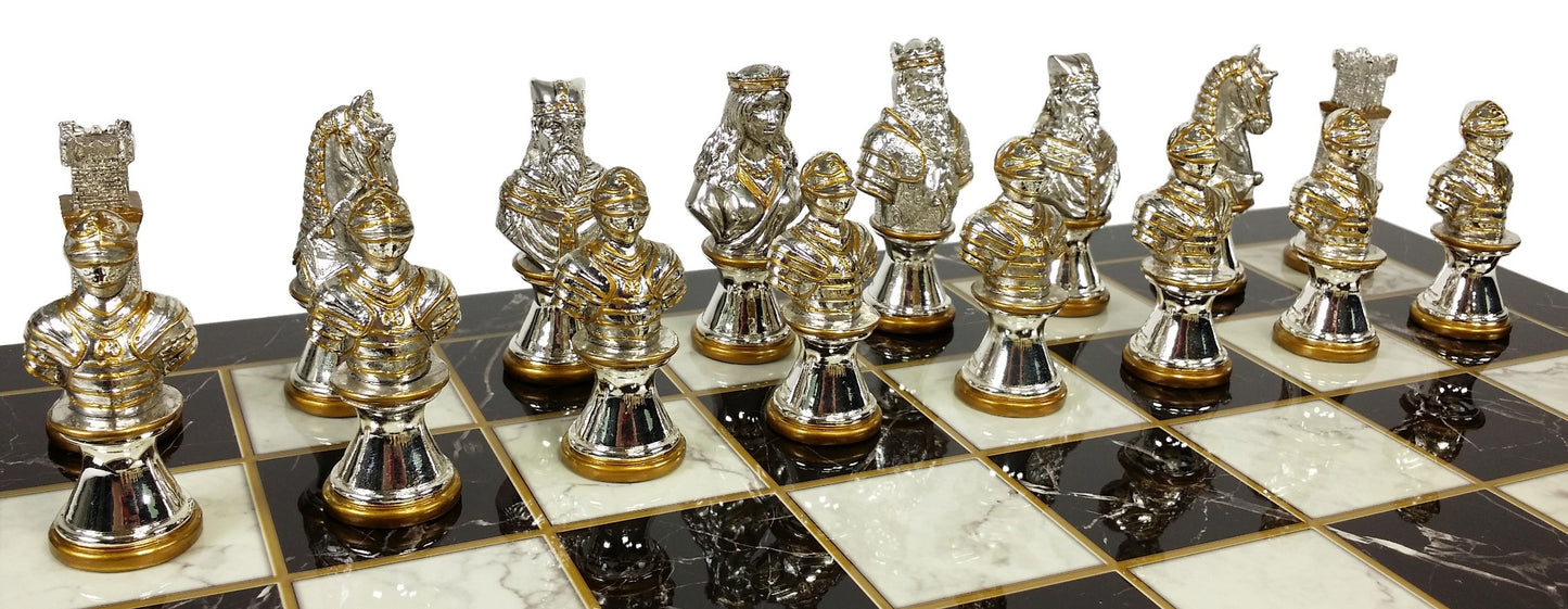 METAL Medieval Times Crusades Gold Silver Busts Chess Set Black Faux Marble Boar