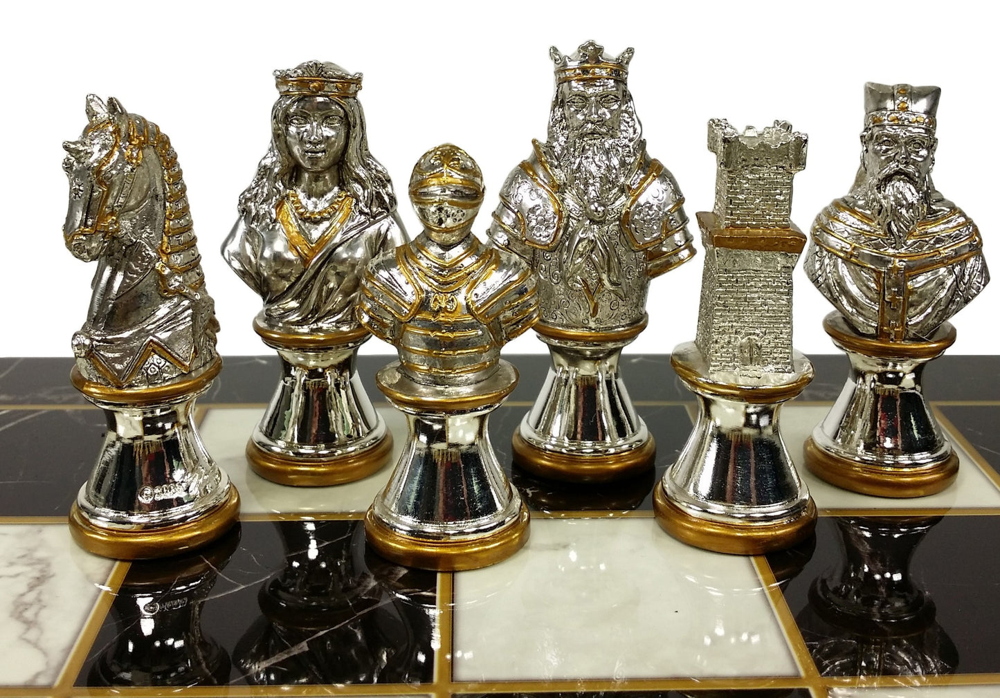 METAL Medieval Times Crusades Gold Silver Busts Chess Set Black Faux Marble Boar